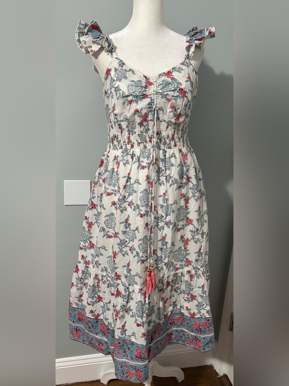 Sal Rosa, Floral Ruffle-Sleeve Side pockets Midi Dress in Cream and Blue Size L